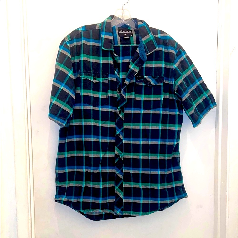 Billabong skater Black and Blue Plaid Men's Shirt size Large vintage Y2k